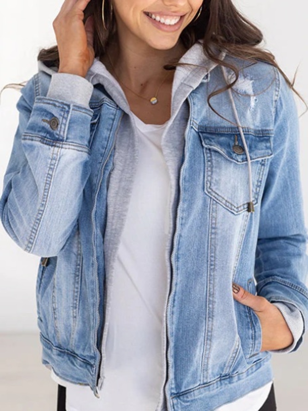 Grace & Lace Distressed denim jacket with removable hood